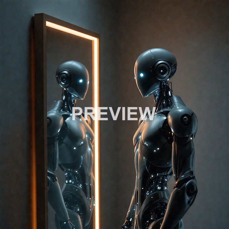 A humanoid robot with a sleek black metallic body and glowing blue eyes stands facing a tall mirror, observing its reflection in a dimly lit room with a modern, minimalistic aesthetic.